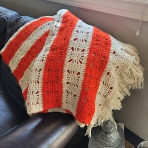 Handmade Vintage Crocheted Orange/White Stripe Throw Blanket w/Detailed Squares